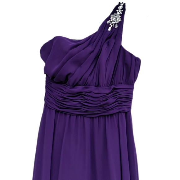 MoriLee Madeline Gardner Jeweled One Shoulder Purple Empire Waist Evening Gown 8 - Picture 6 of 16